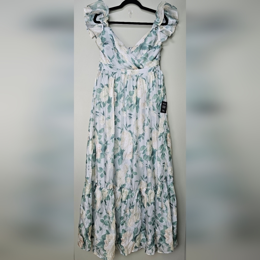 Lulus Soiree Perfection Light Blue & Green Floral Ruffled Tiered Maxi Dress, L - Picture 9 of 12
